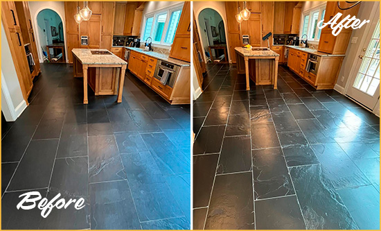 Before and After Picture of a Slate Stone Floor Sealed to Eliminate Dullness 2