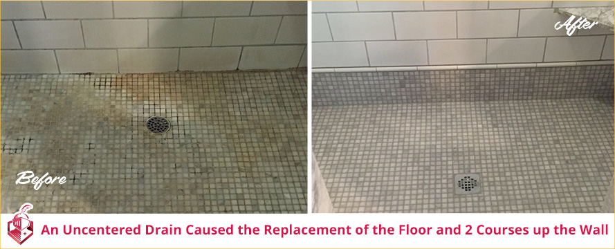 Before and After Picture of Water Damage Repair on a Tile Floor