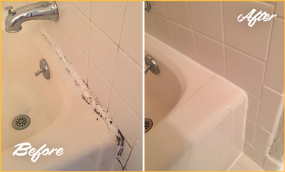 Before and After Picture of a Bathroom Sink with Damage Caulking