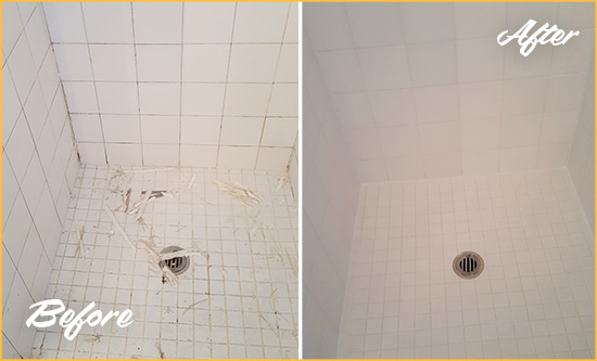 Before and After Picture of Grout Caulking on a Shower