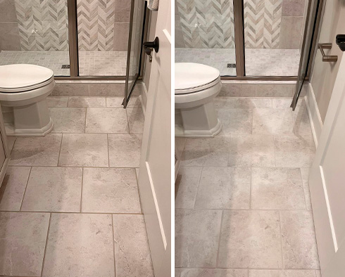 Bathroom Floor Before and After a Grout Sealing in Mount Pleasant