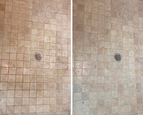 Shower Floor Before and After Our Caulking Services in Mount Pleasant, SC