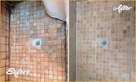 Before and After of Grout Cleaning on a Shower with Mold and Mildew