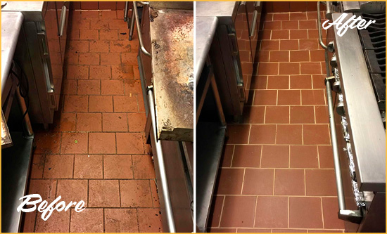 Before and After Picture of a Isle of Palms Restaurant Kitchen Tile and Grout Cleaned to Eliminate Dirt and Grease Build-Up