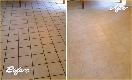 Before and After Picture of a Mount Pleasant Kitchen Tile and Grout Cleaned to Remove Embedded Dirt