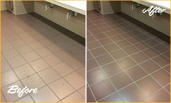 Before and After Picture of a Daniel Island Restrooms Tile and Grout Cleaned to Remove Embedded Dirt