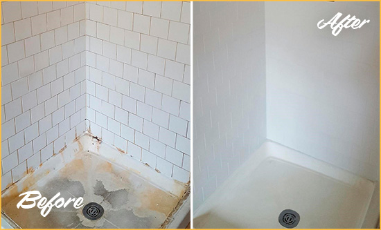 Before and After Picture of a Daniel Island Shower Tile and Grout Cleaned to Remove Soap Scum