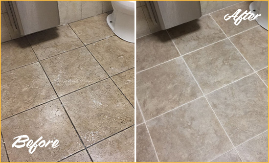 Before and After Picture of a Johns Island Restroom Tile and Grout Cleaned to Remove Soil