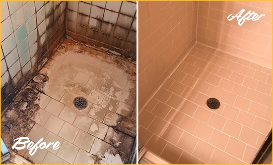 Before and After Picture of a McClellanville Shower Tile and Grout Cleaned to Repair Water Damage