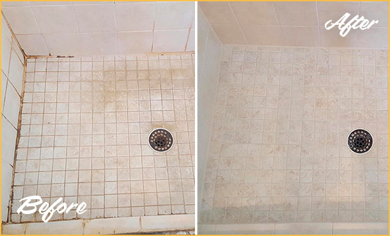 Before and After Picture of a Rockville Shower Caulked to Fix Cracks
