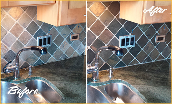 Before and After Picture of a Lincolnville Backsplash Caulked to Fix and Prevent Water Leaks