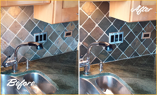 Before and After Picture of a Ravenel Backsplash Caulked to Fix and Prevent Water Leaks