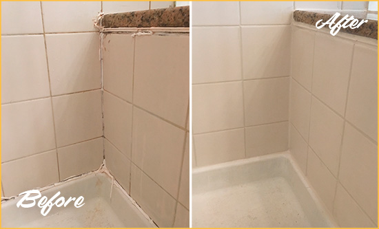 Before and After Picture of a Sullivan's Island Shower Caulked to Repair Damaged Caulking