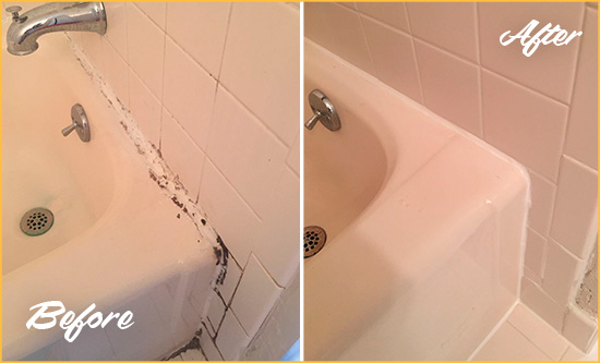 Before and After Picture of a Meggett Bathroom Sink Caulked to Fix a DIY Proyect Gone Wrong