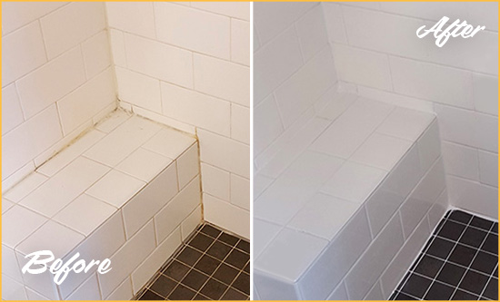Before and After Picture of a Lincolnville Shower Seat Caulked to Protect Against Mold and Mildew Growth