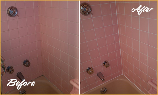 Before and After Picture of a Folly Beach Bathtub Caulked to Eliminate Mold