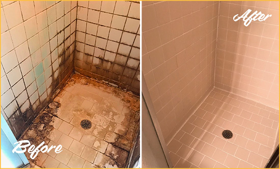 Before and After Picture of a Charleston Shower Caulked to Fix and Prevent Water Damage