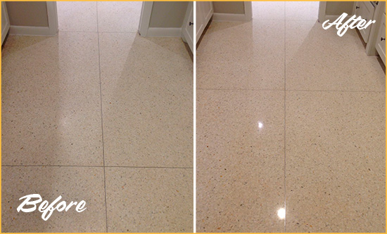 Before and After Picture of a Isle of Palms Granite Stone Floor Polished to Repair Dullness