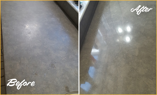 Before and After Picture of a Dull Kiawah Island Limestone Countertop Polished to Recover Its Color