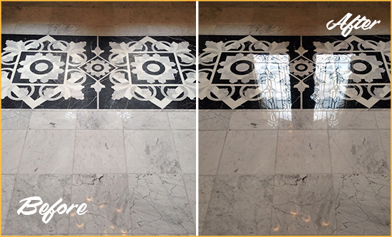 Before and After Picture of a Awendaw Marble Stone Floor Polished to a Mirror Shine