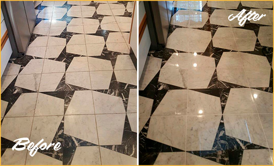 Before and After Picture of a Dull Isle of Palms Marble Stone Floor Polished To Recover Its Luster