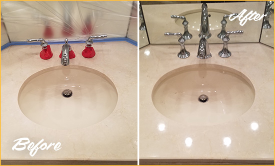 Before and After Picture of a Dull Lincolnville Marble Stone Vanity Top Polished to Bring-Back Its Sheen