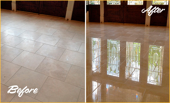 Before and After Picture of a Dull Awendaw Travertine Stone Floor Polished to Recover Its Gloss