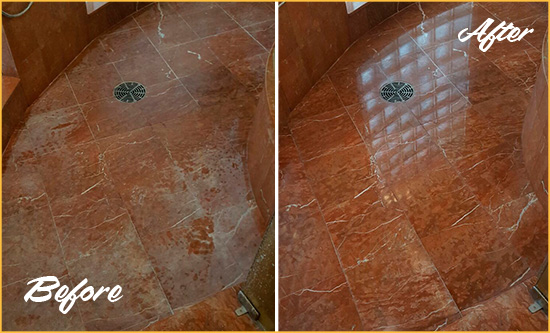 Before and After Picture of a Seabrook Island Marble Stone Shower Polished to Eliminate Mineral Deposits
