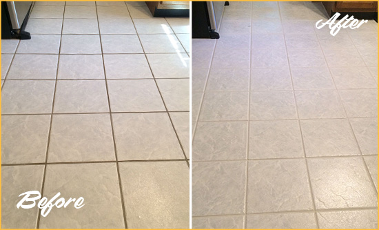 Before and After Picture of a Lincolnville Kitchen Ceramic Floor Sealed to Protect From Dirt and Spills
