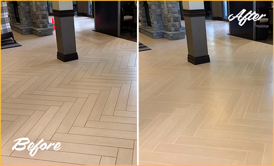 Before and After Picture of a Dirty James Island Ceramic Office Lobby Sealed For Extra Protection Against Heavy Foot Traffic