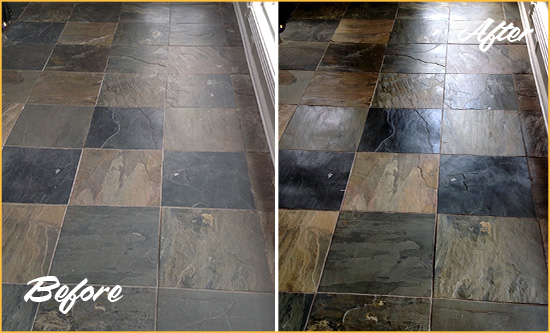 Before and After Picture of a Dull Mount Pleasant Slate Floor Sealed to Bring Back Its Colors