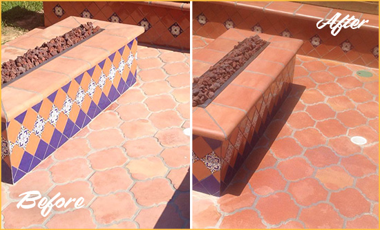 Before and After Picture of a Dull Kiawah Island Terracotta Patio Floor Sealed For UV Protection