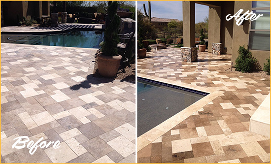 Before and After Picture of a Faded North Charleston Travertine Pool Deck Sealed For Extra Protection