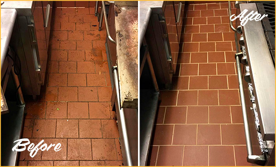 Before and After Picture of a Seabrook Island Restaurant Kitchen Floor Sealed to Remove Soil