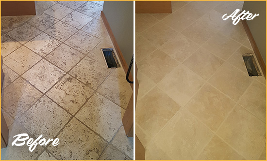 Before and After Picture of a Folly Beach Kitchen Marble Floor Cleaned to Remove Embedded Dirt