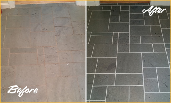Before and After Picture of a North Charleston Slate Floor Cleaned to Remove Deep-Seated Dirt