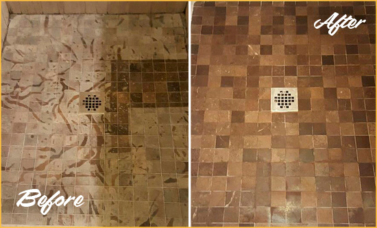 Before and After Picture of a Stained Awendaw Marble Shower Floor Cleaned to Remove Etching