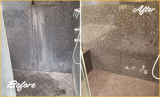 Before and After Picture of a Hollywood Granite Shower Cleaned to Remove Mineral Deposits