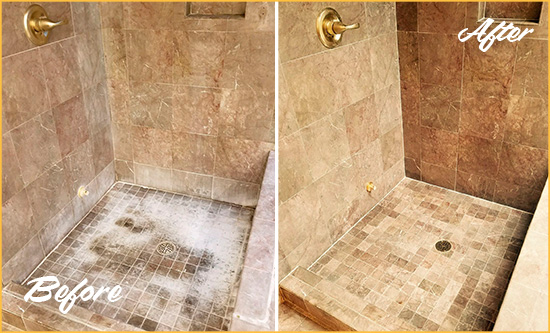 Before and After Picture of a Seabrook Island Travertine Shower Cleaned to Eliminate Water Spots