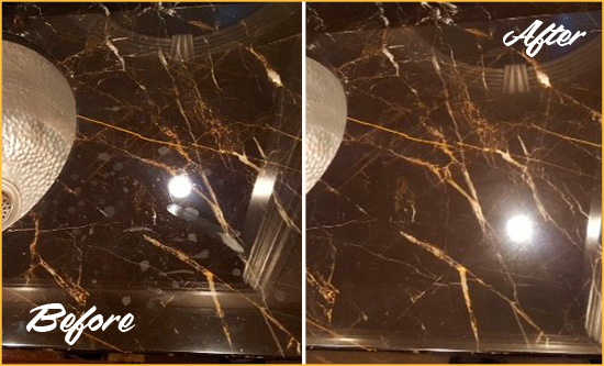 Before and After Picture of a Johns Island Marble Countertop Cleaned to Remove Water Spots