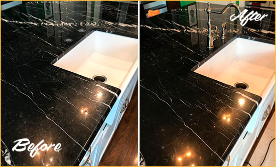 Before and After Picture of a Folly Beach Marble Kitchen Countertop Stone Sealed to Avoid Water Damage