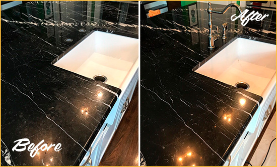 Before and After Picture of a James Island Marble Kitchen Countertop Stone Sealed to Avoid Water Damage