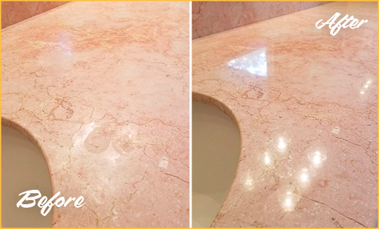 Before and After Picture of a Rockville Marble Stone Vanity Top Sealed to Avoid Water Marks