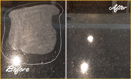 Before and After Picture of a Kiawah Island Granite Kitchen Countertop Honed to Eliminate Scratch