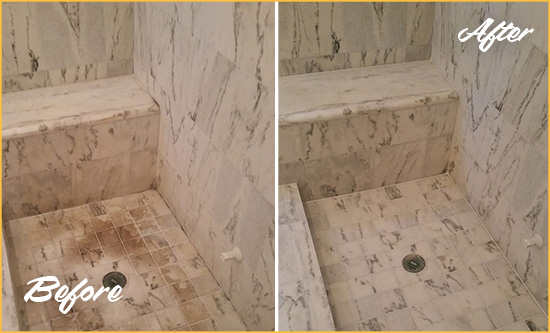 Before and After Picture of a Sullivan's Island Marble Shower Honed to Remove Dark Stains
