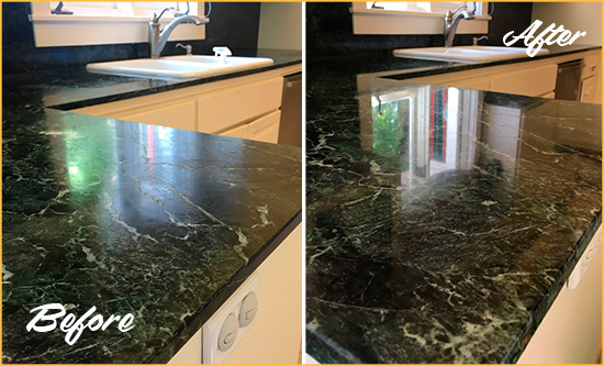 Before and After Picture of a Daniel Island Marble Kitchen Countertop Honed to Remove Water Marks