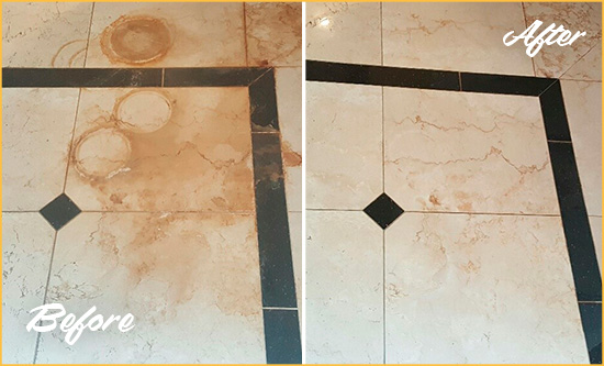 Before and After Picture of a Isle of Palms Marble Floor Honed to Remove Rust Stains