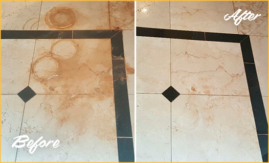 Before and After Picture of a North Charleston Marble Floor Honed to Remove Rust Stains