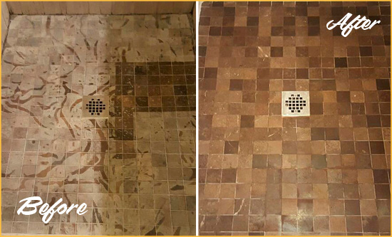 Before and After Picture of a Sullivan's Island Marble Shower Honed to Remove Etching