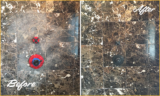 Before and After Picture of a Isle of Palms Marble Shower Honed to Remove Scratches